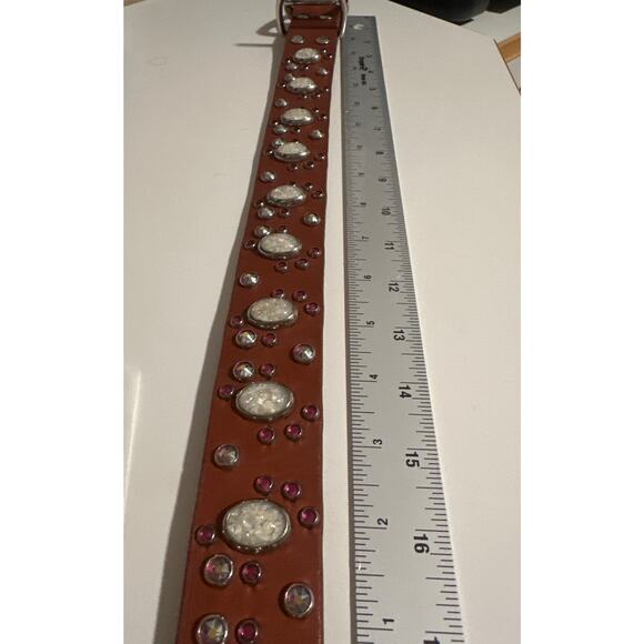 Leather boutique Dog collar Genuine Pittie 1.5" x 23” rhinestones pearl custom - Picture 6 of 7